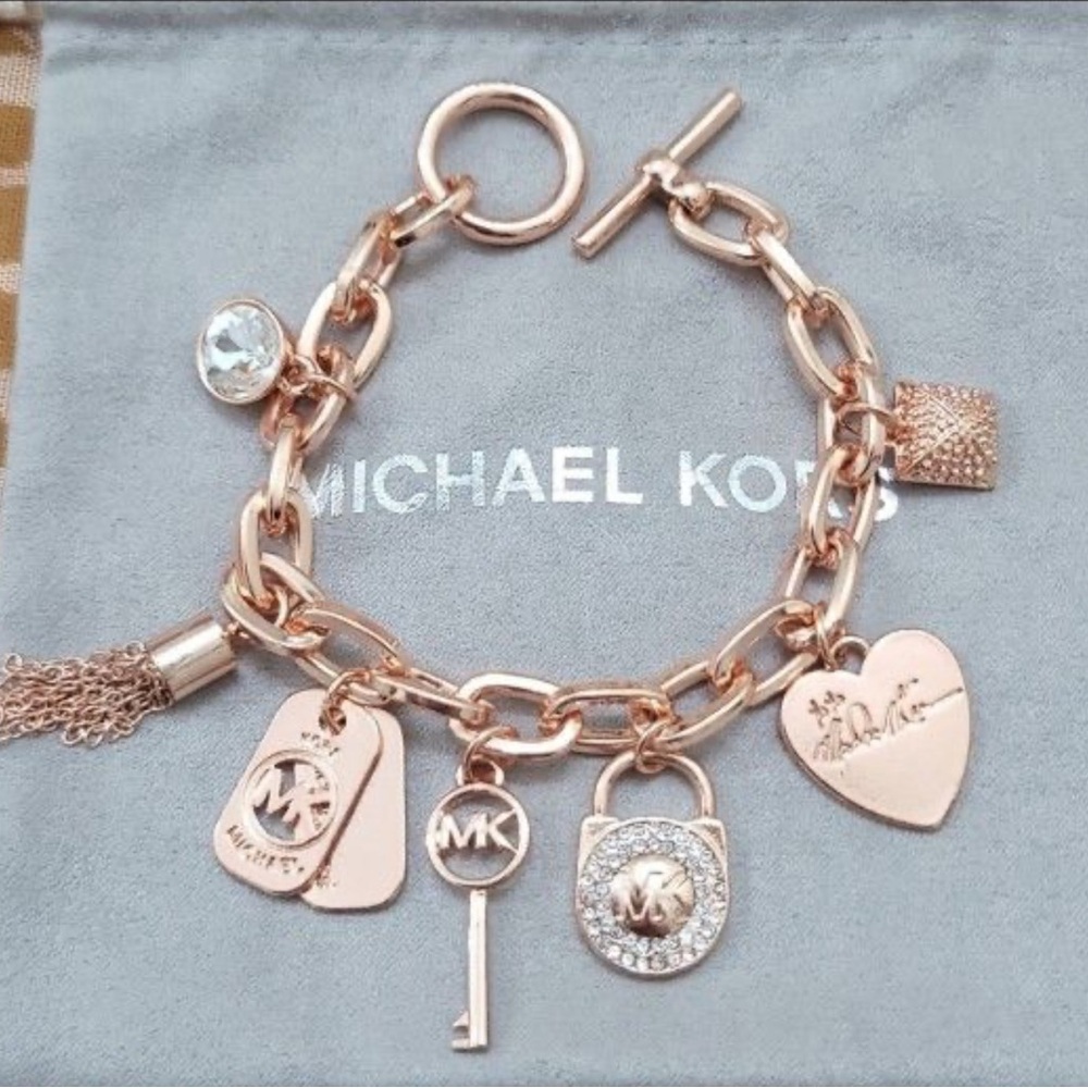 Michael Kors Charm Bracelet Rose Gold Toggle Closure, NWOT w/Brown MK Dustbag